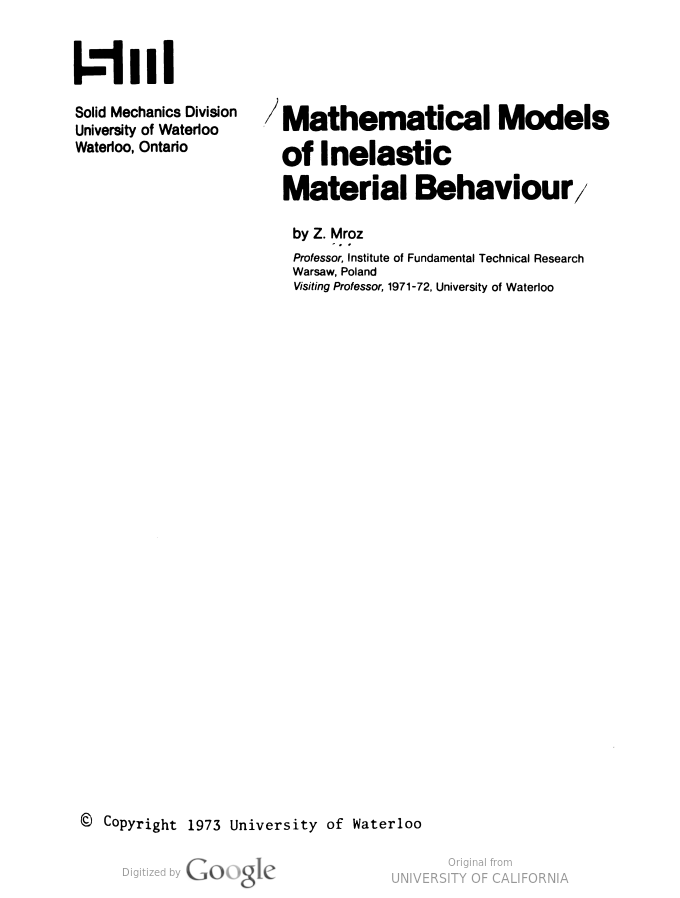 Mathematical models of inelastic material behaviour BY Mroz - Scanned pdf